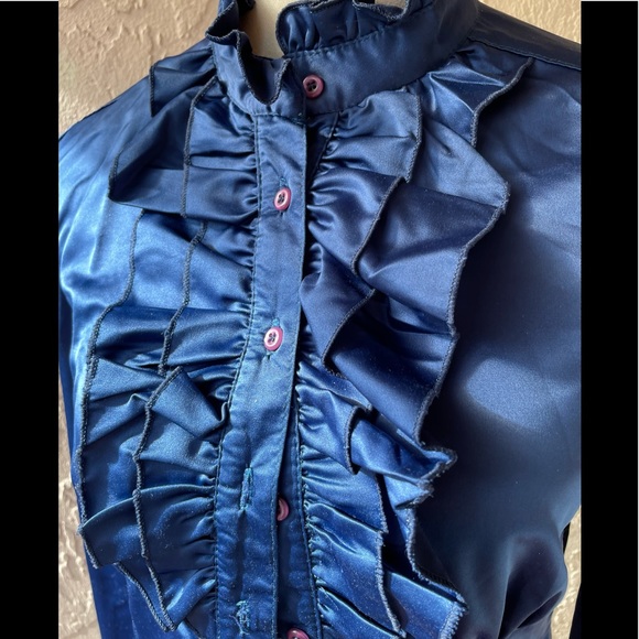 WOMAN BLUE BLOUSE LONG SLEEVES RUFFLED NECKLINE HIGH NECK BUTTONS SIZE M - Picture 14 of 16